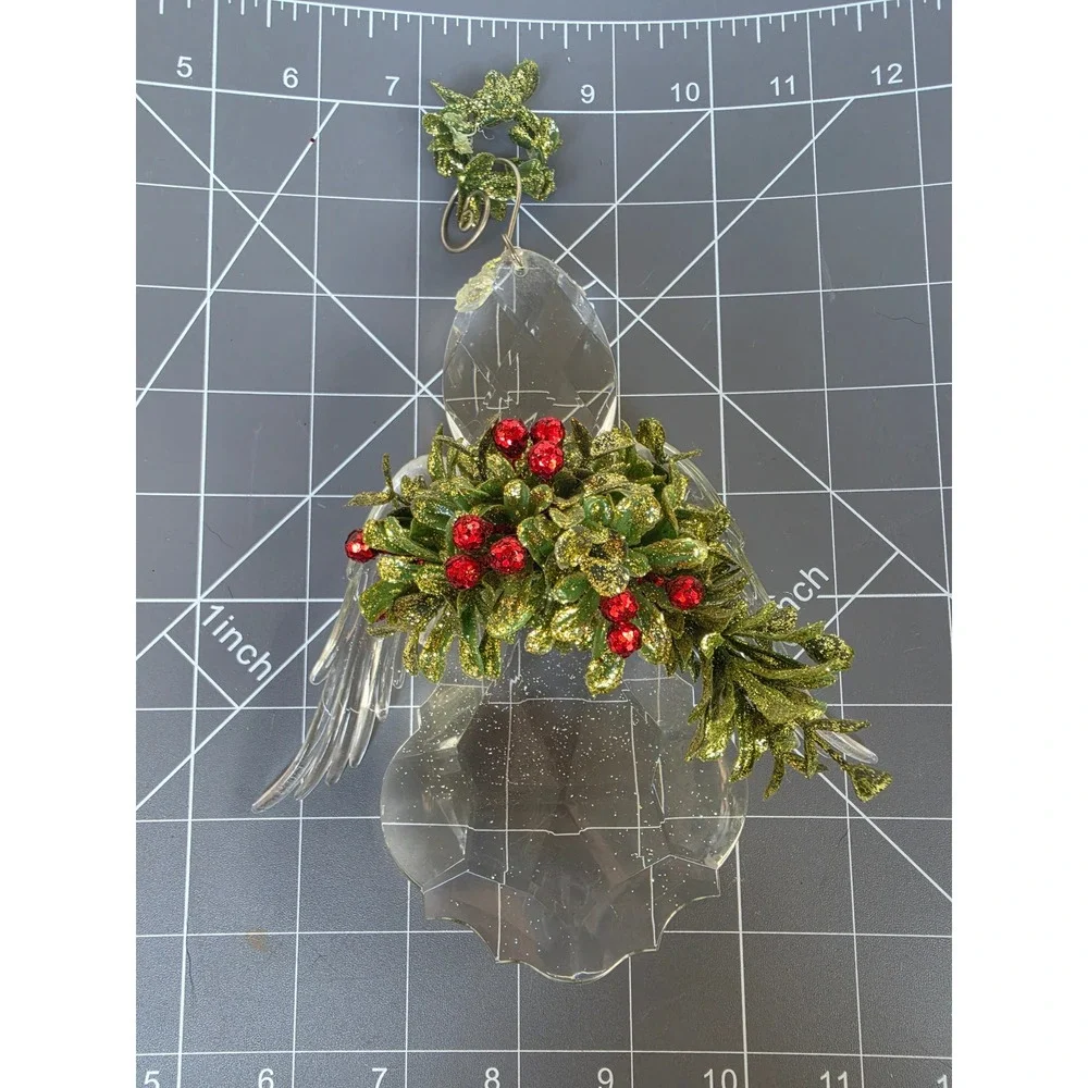 Acrylic Ganz Angel Christmas Ornament Faceted Clear Red Berries Green Glitter